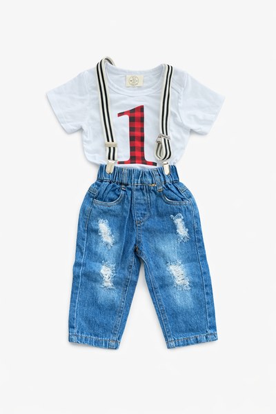 Zack & Ali Boy's First Birthday Onesie with Jeans and Suspenders