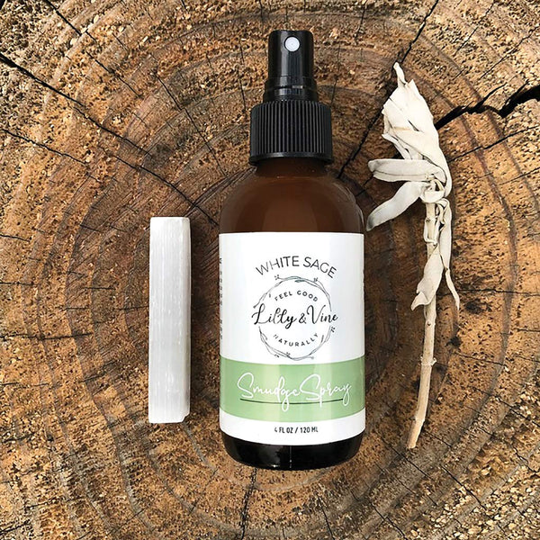 Lilly & Vine White Sage Spray w/ Sun & Full Moon Charged Selenite Crystal Wand(4.0 oz)