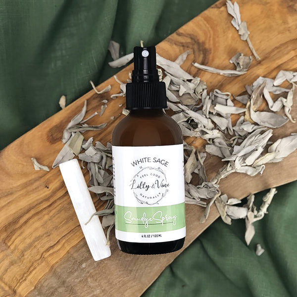 Lilly & Vine White Sage Spray w/ Sun & Full Moon Charged Selenite Crystal Wand(4.0 oz)