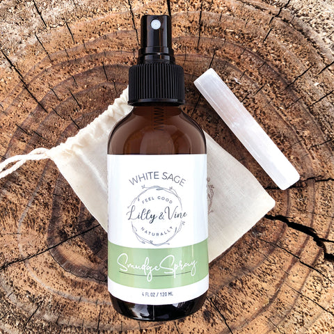 Lilly & Vine White Sage Spray w/ Sun & Full Moon Charged Selenite Crystal Wand(4.0 oz)