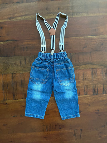 Zack & Ali Boy's First Birthday Onesie with Jeans and Suspenders