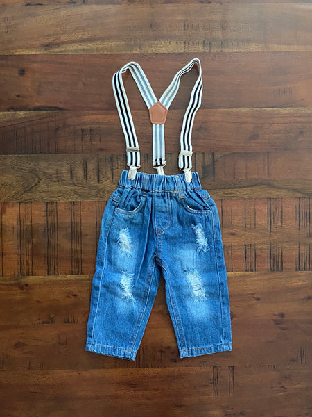 Zack & Ali Boy's First Birthday Onesie with Jeans and Suspenders