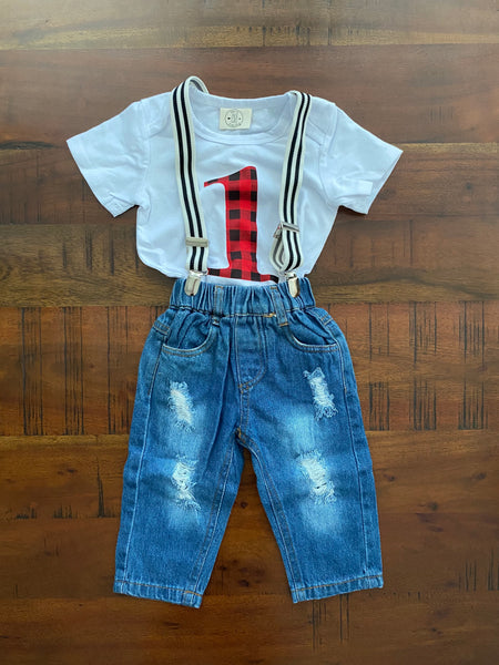 Zack & Ali Boy's First Birthday Onesie with Jeans and Suspenders